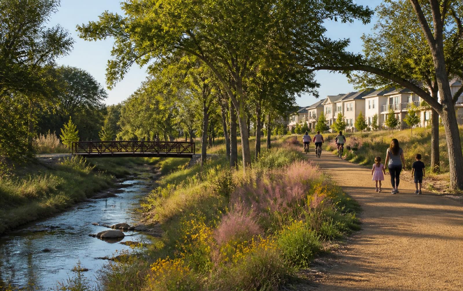 Rickett Branch Creek greenbelt with trails and native landscaping