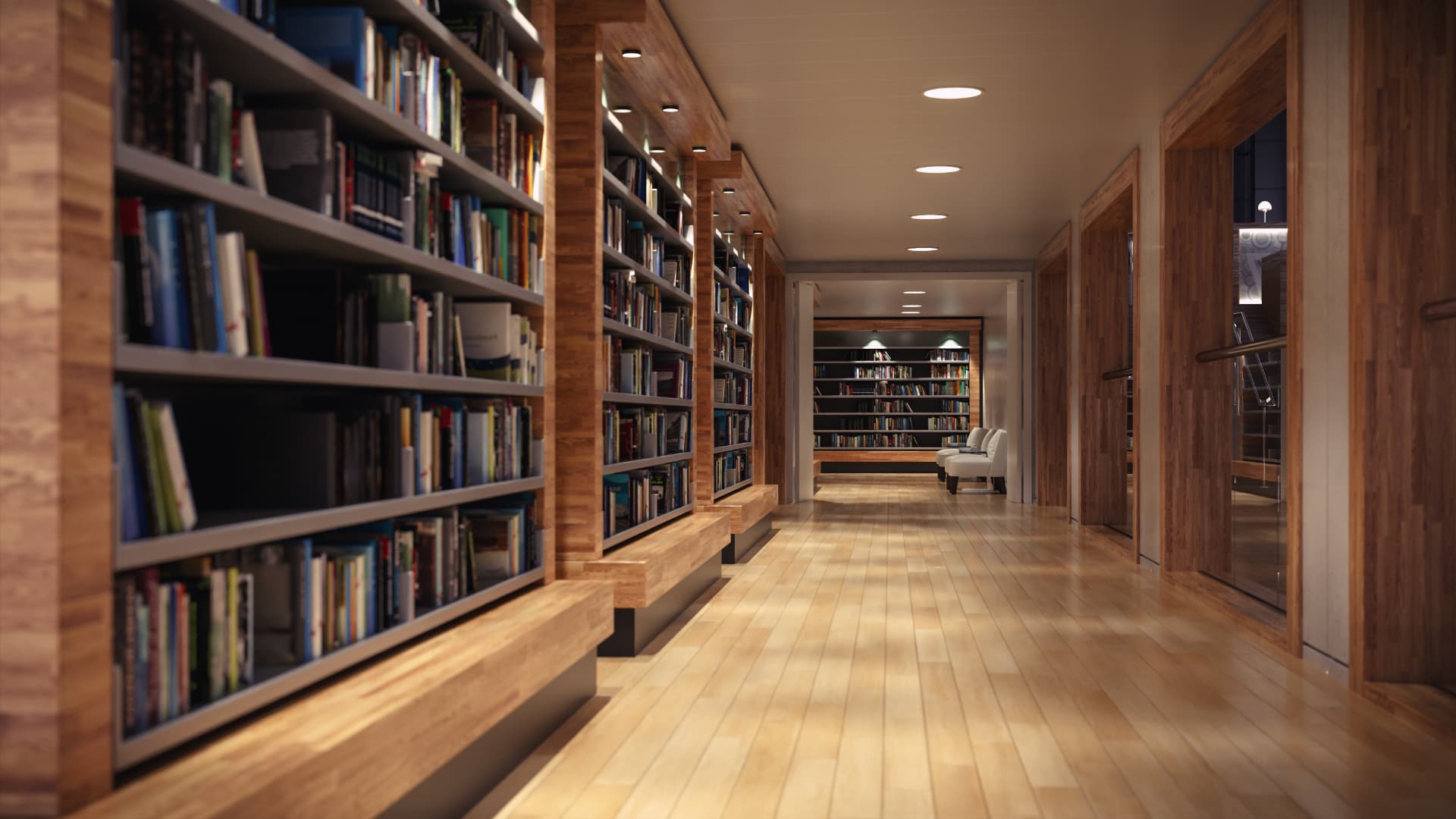 Rivulet library interior with wood-lined bookshelves, a warm timber floor, and reading spaces