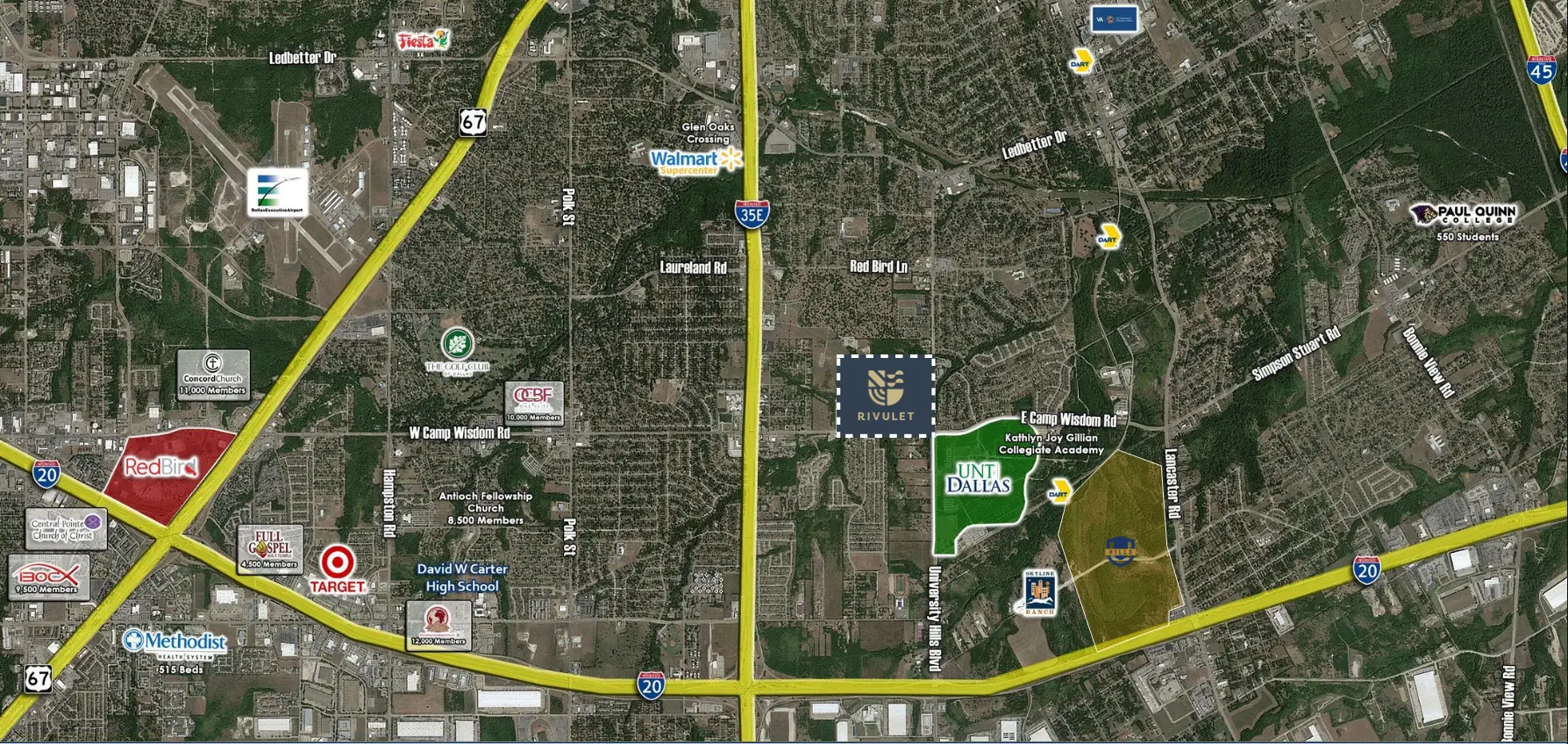 Map showing Rivulet near UNT Dallas, DART, Redbird, I-20, and I-35E