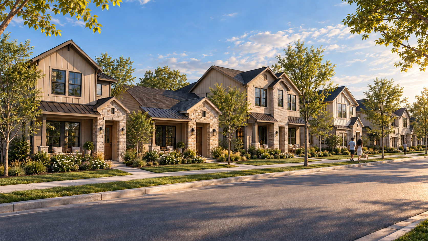 Rivulet homes along a tree-lined street — one- and two-story houses with covered porches, stone and board-and-batten facades, and warm late-afternoon light