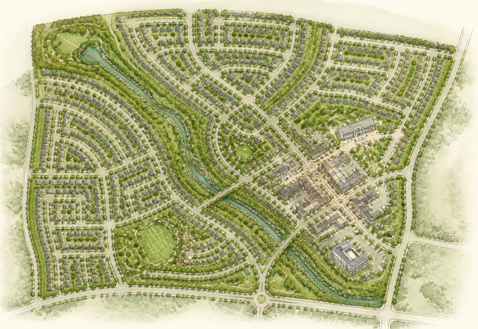 Illustrated aerial master plan of the Rivulet community showing residential blocks, main street retail, the creek greenbelt, and civic buildings