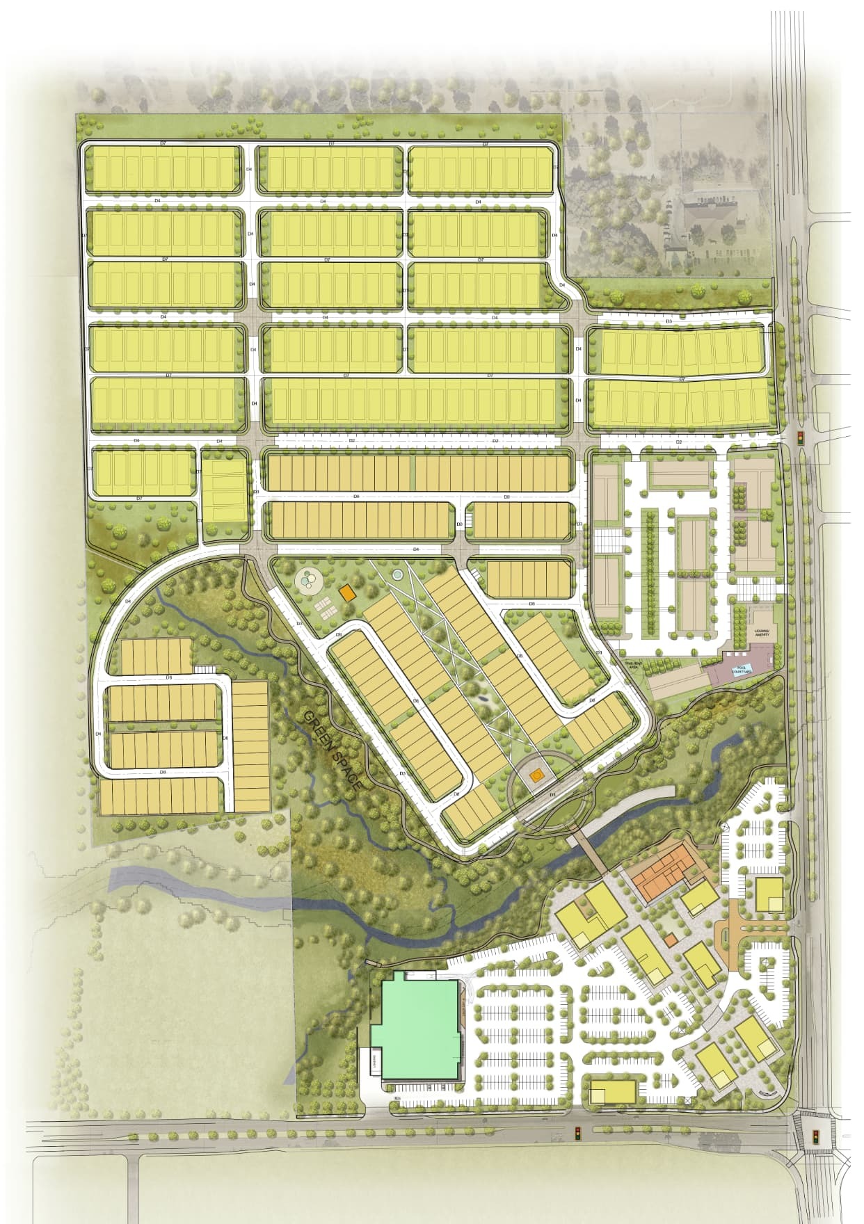 Conceptual master plan of Rivulet showing single-family neighborhoods, the creek greenbelt, main street retail, the grocery anchor, the proposed library, and the apartment homes