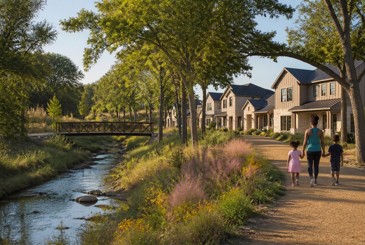 Rickett Branch Creek greenbelt with trails, native landscaping, and Texas vernacular homes